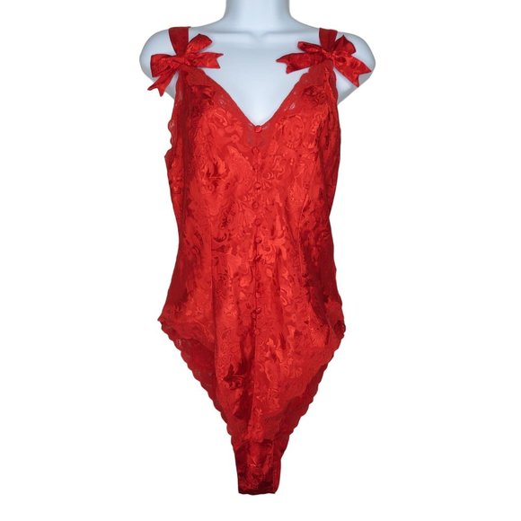Victorias Secret Gold Label Red Satin Brocade Teddy One Piece M Valentines Bows - Picture 4 of 13
